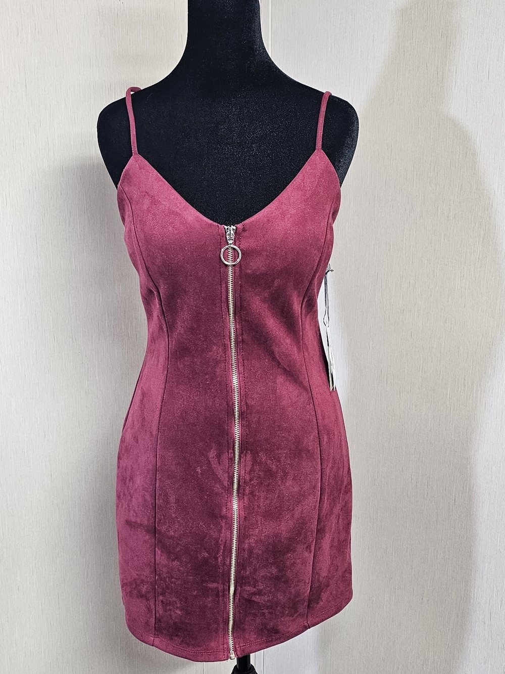 Iris Raspberry Wine Velvet Zip Mini Dress S Gold Ring Y2K NWT